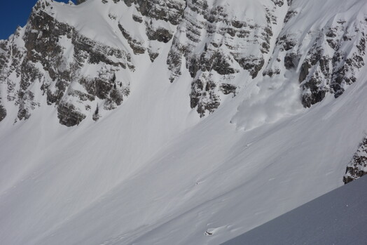 Eine Schneelawine rutscht von der gegenueberliegenden Felswand ab.